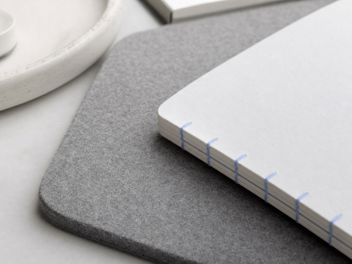 Folded cotton paper sewn with pale blue thread, the spine of a quire.