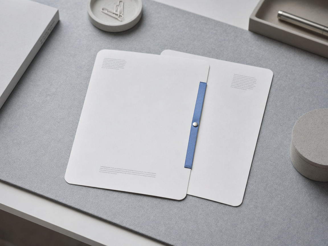 Two overlapping rounded sheets joined by a cornflower ribbon on a gray blotter.